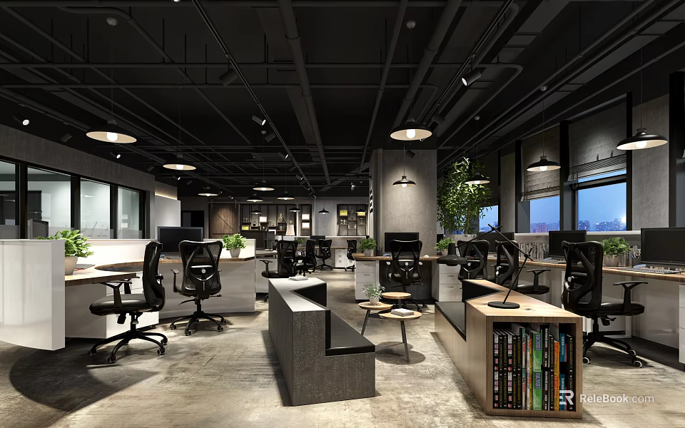 Modern Public Office Space Interior with Open Layout Desks Office Chairs Green Plants and Windows 3d model 