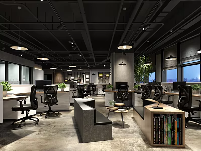 Modern Public Office Space Interior with Open Layout Desks Office Chairs Green Plants and Windows 3d model