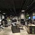 Modern Public Office Space Interior with Open Layout Desks Office Chairs Green Plants and Windows