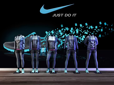 Nike Mannequins Display Sportswear With Just Do It Slogan And Blue Square Background 3d model