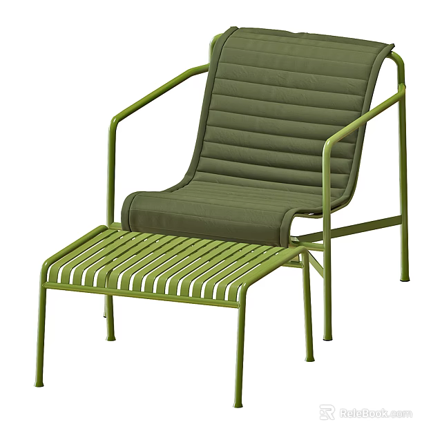 Green Outdoor Chair with Metal Frame Cushioned Seat and Matching Footstool 3d model 