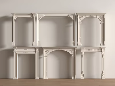 Ornate White Decorative Mantel Frames With Various Arch Designs And Wooden Floor 3d model