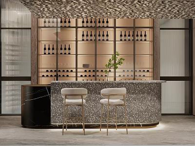Modern Bar Interior With Wine Racks Marble Counter And Gold Stools Decor 3d model