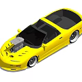 Yellow Modified Sports Car With Open Hood Exposed Engine And Lowered Stance
