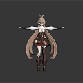 Game and Movie Character with Twin Ponytails Pink Hair Horns White Top Red Skirt Boots
