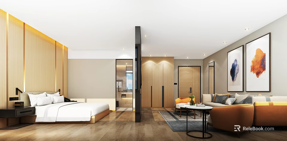 Modern Hotel Room Interior Design With Bed Sofa Wooden Cabinets Floor And Decorative Painting 3d model 