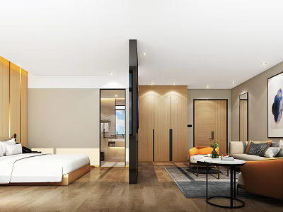 Modern Hotel Room Interior Design With Bed Sofa Wooden Cabinets Floor And Decorative Painting 3d model