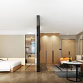 Modern Hotel Room Interior Design With Bed Sofa Wooden Cabinets Floor And Decorative Painting