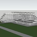 Modern White Multi Story Building Exterior With Green Lawn And Purple Flowers