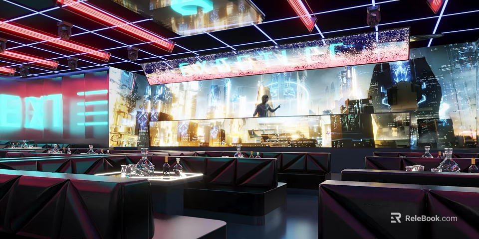 Modern Bar with Neon Lights Large City Night View Screen and Black Leather Sofas 3d model 