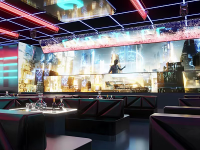 Modern Bar with Neon Lights Large City Night View Screen and Black Leather Sofas 3d model