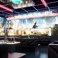 Modern Bar with Neon Lights Large City Night View Screen and Black Leather Sofas