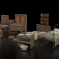 Vintage Furniture Set With Iron Bed Wooden Dresser Shelf Table And White Bowls