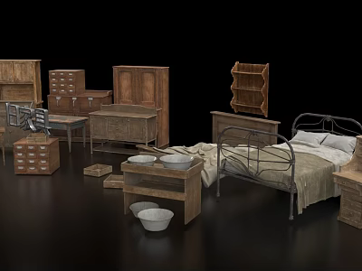 Vintage Furniture Set With Iron Bed Wooden Dresser Shelf Table And White Bowls 3d model