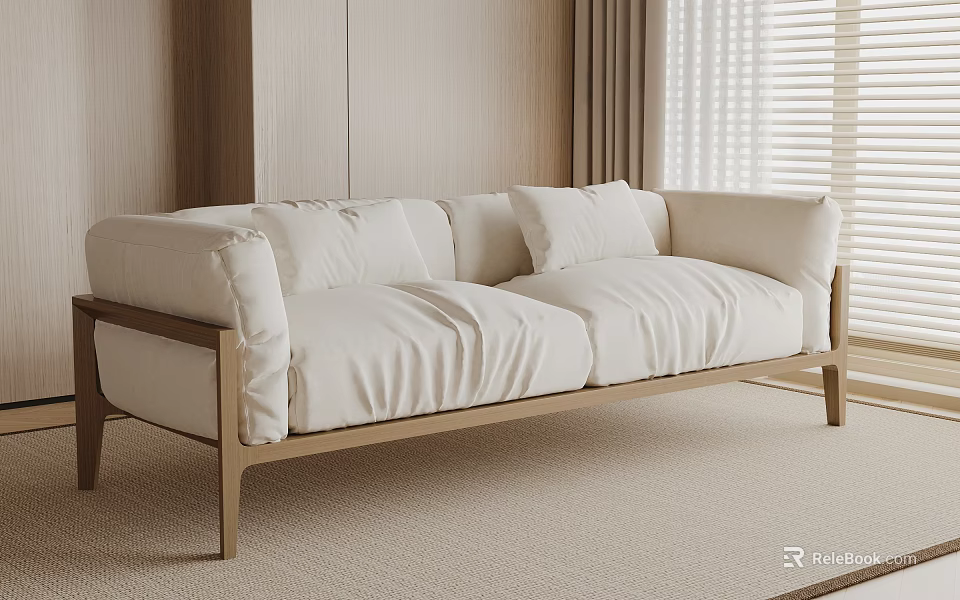 Light Colored Two Seater Sofa With Wooden Frame And Slender Legs In Minimalist Interior 3d model 