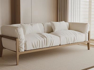 Light Colored Two Seater Sofa With Wooden Frame And Slender Legs In Minimalist Interior 3d model