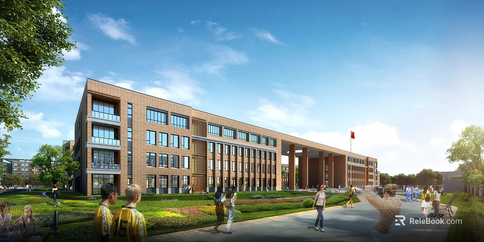 Modern School Building With Red Brick Exterior Green Lawn And Students Playing 3d model 