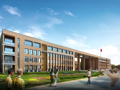 Modern School Building With Red Brick Exterior Green Lawn And Students Playing 3d model