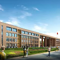 Modern School Building With Red Brick Exterior Green Lawn And Students Playing