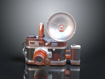 Vintage Camera With Flash Attachment And Retro Metal Body Design 3d model