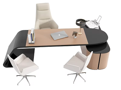 Modern Office Desk Setup With White Chairs Laptop Desk Lamp And Stationery 3d model