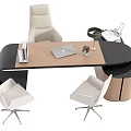 Modern Office Desk Setup With White Chairs Laptop Desk Lamp And Stationery