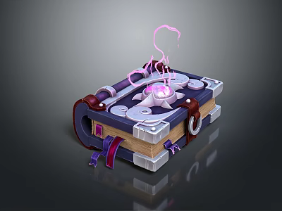 Enchanted Magic Book with Leather Cover Metal Decorations Glowing Purple Crystal and Magical Energy Aura 3d model