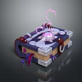 Enchanted Magic Book with Leather Cover Metal Decorations Glowing Purple Crystal and Magical Energy Aura