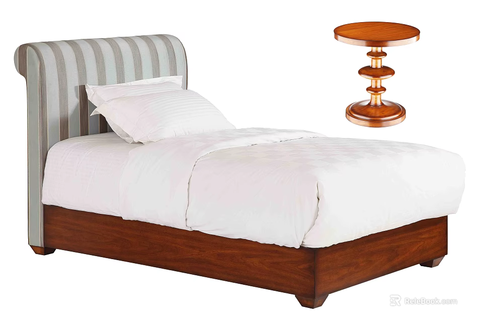 Modern Double Bed with Grey Striped Headboard White Sheets Wooden Frame and Small Table 3d model 