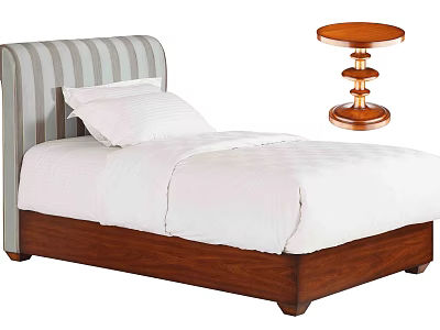 Modern Double Bed with Grey Striped Headboard White Sheets Wooden Frame and Small Table 3d model