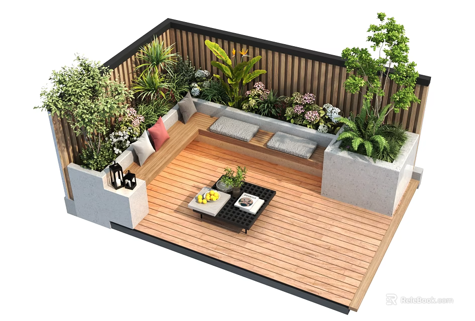 Cozy Patio Garden With Wooden Deck Bench Cushions Small Table And Lush Green Plants 3d model 