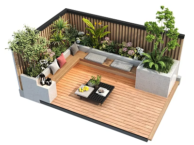 Cozy Patio Garden With Wooden Deck Bench Cushions Small Table And Lush Green Plants 3d model