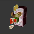 Purple Toy Refrigerator With Open Door And Food Items Inside And Falling Out
