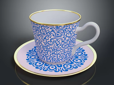 Elegant Blue And White Patterned Cup With Saucer And Gold Rim For Daily Use 3d model