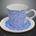 Elegant Blue And White Patterned Cup With Saucer And Gold Rim For Daily Use