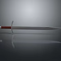 Classic Medieval Weapon Sword With Silver Steel Blade And Red Leather Handle On Dark Background