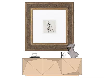 Golden Carved Frame With Black White Sketch Above Geometric Beige Cabinet Featuring Sculpture Wine Glasses 3d model