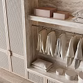 Modern Woven Door Wardrobe Interior with Wooden Frame Shelves Hanging Rods Folded Clothes and Lighting