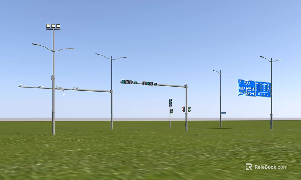 Public Facilities With Street Lights Traffic Lights Road Signs On Green Grassland Under Blue Sky 3d model 