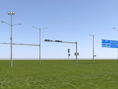 Public Facilities With Street Lights Traffic Lights Road Signs On Green Grassland Under Blue Sky 3d model