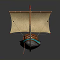 Traditional Wooden Sailing Boat With Tan Sail Wooden Deck And Paddle