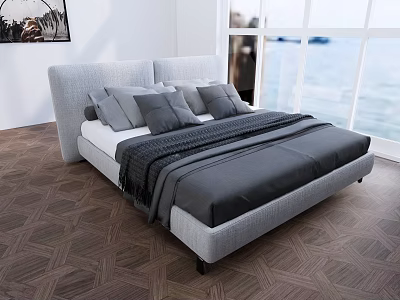 Double Bed Interior With Light Gray Headboard Gray Pillows Dark Blanket Window And Sea View 3d model