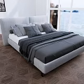 Double Bed Interior With Light Gray Headboard Gray Pillows Dark Blanket Window And Sea View