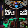 Stylish Bar Interior With Chinese Character Decor Green Neon Lights And Circular Chandelier