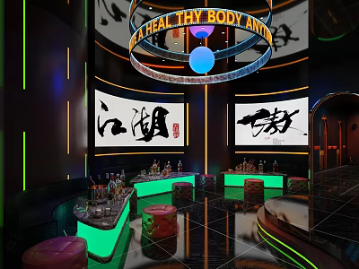 Stylish Bar Interior With Chinese Character Decor Green Neon Lights And Circular Chandelier 3d model