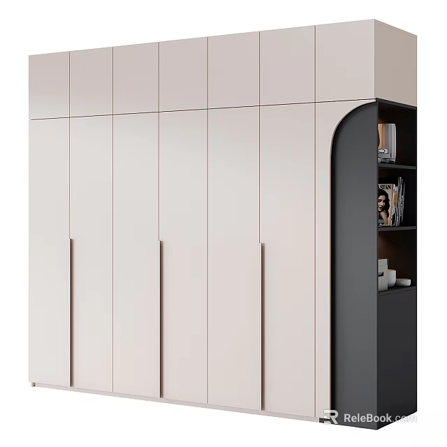 Modern Light Colored Cabinetry Featuring Vertical Handles And Arched Open Shelf With Decor Items 3d model 