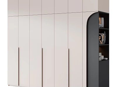 Modern Light Colored Cabinetry Featuring Vertical Handles And Arched Open Shelf With Decor Items 3d model