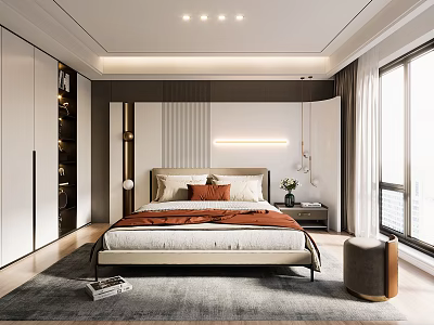 Modern Bedroom Interior Design With King Size Bed Nightstand Window Curtains And Area Rug 3d model