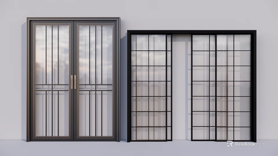 Modern Sliding Doors With Grid Glass Panels And Black Frames For Interior 3d model