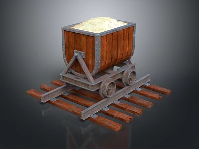 Wooden Mine Cart On Rail Tracks With White Material Inside 3d model